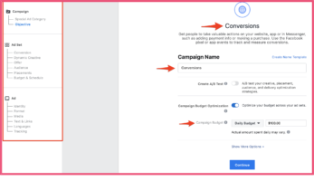 Creating conversions campaign in Facebook Ads Manager