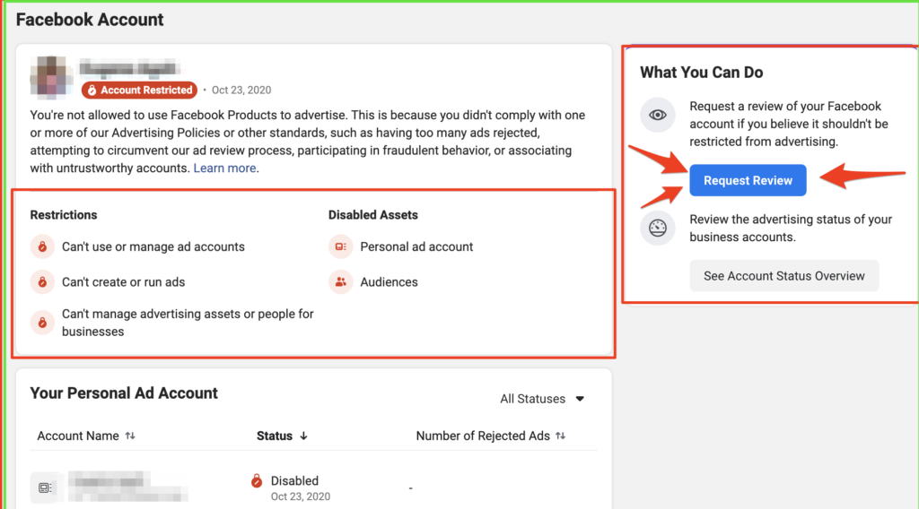 Disabled Facebook ad account request review