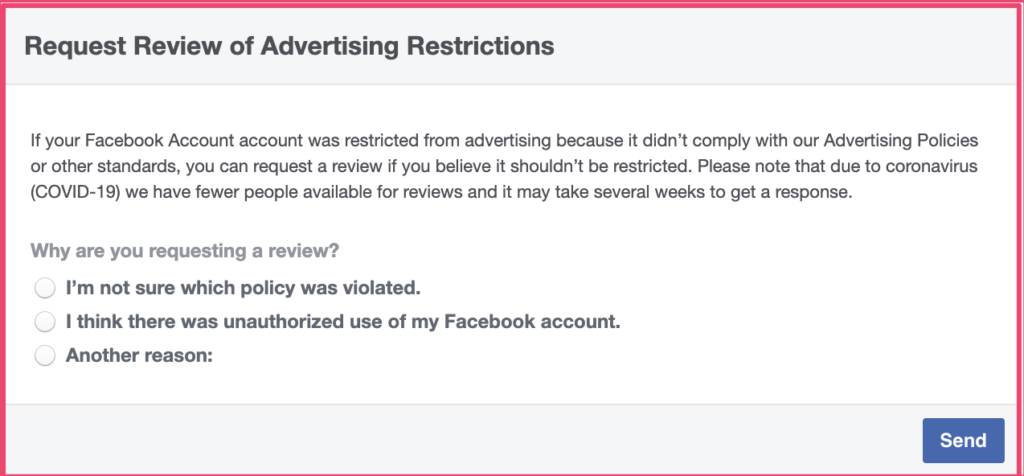 Facebook ad account request review of advertising restrictions