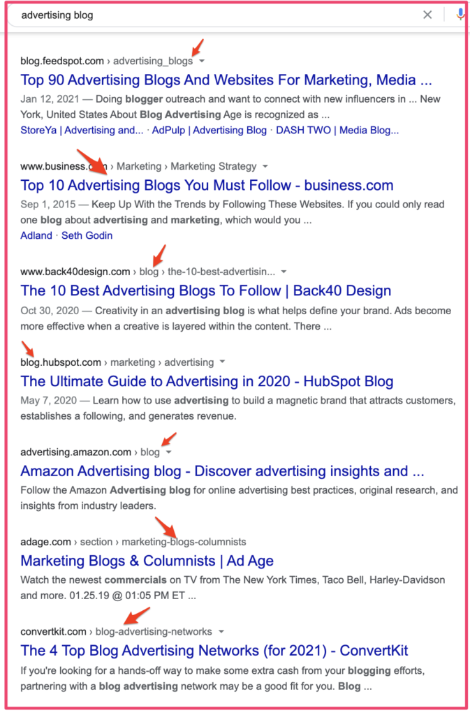 Advertising blogs search sample