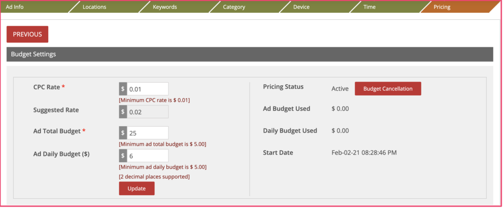 Budget settings