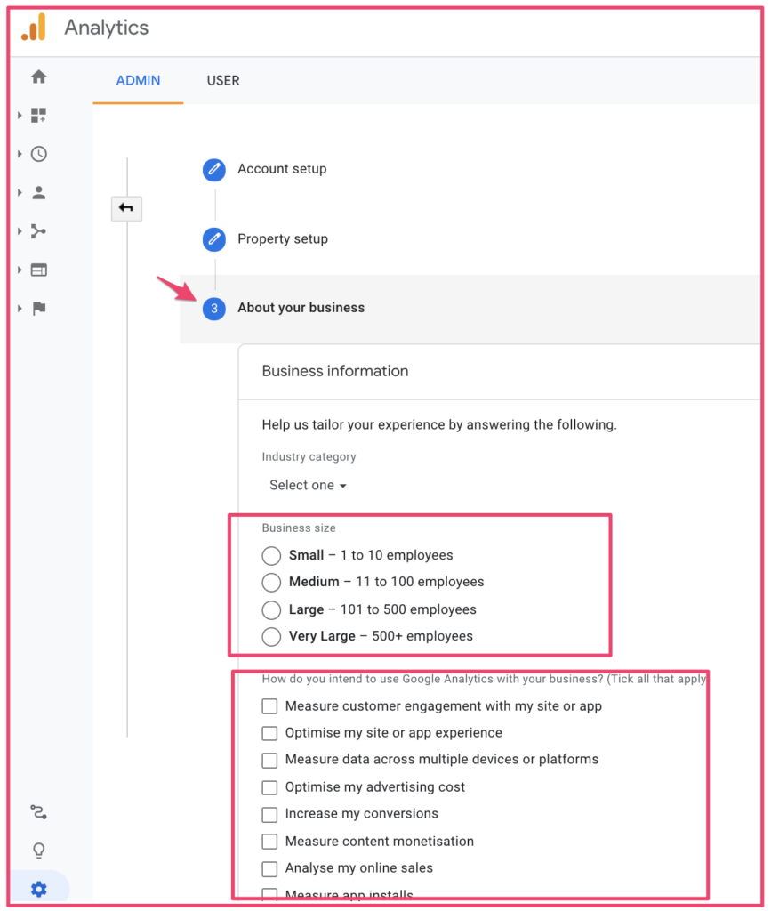 Analytics setup business information