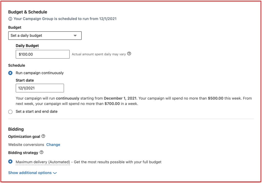 LinkedIn ads Budget and Schedule