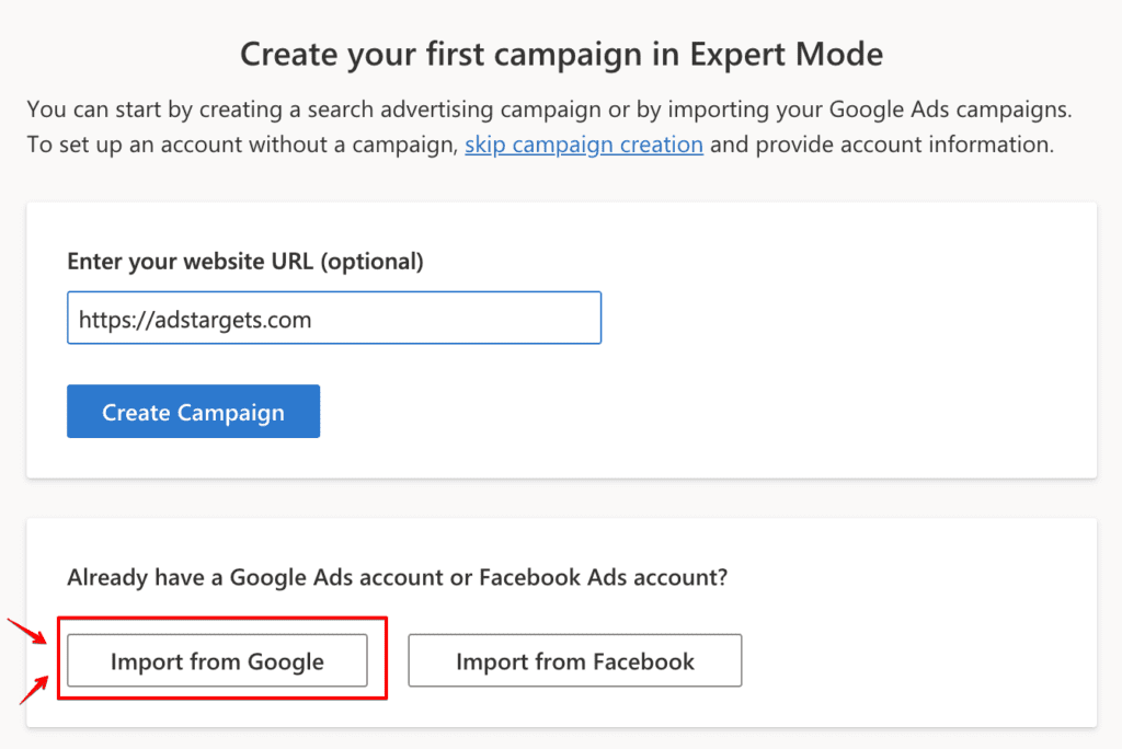Microsoft ads import campaigns from Google and Facebook