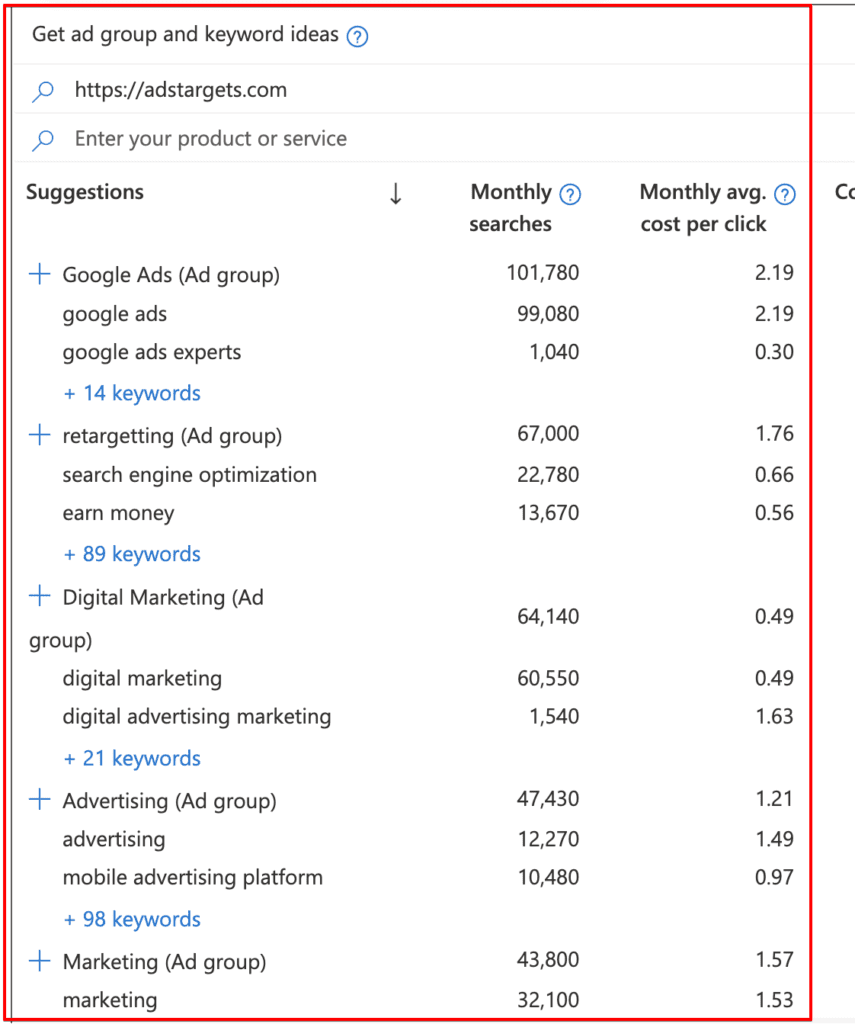 Obtendo ideias de palavras-chave de anúncios da Microsoft