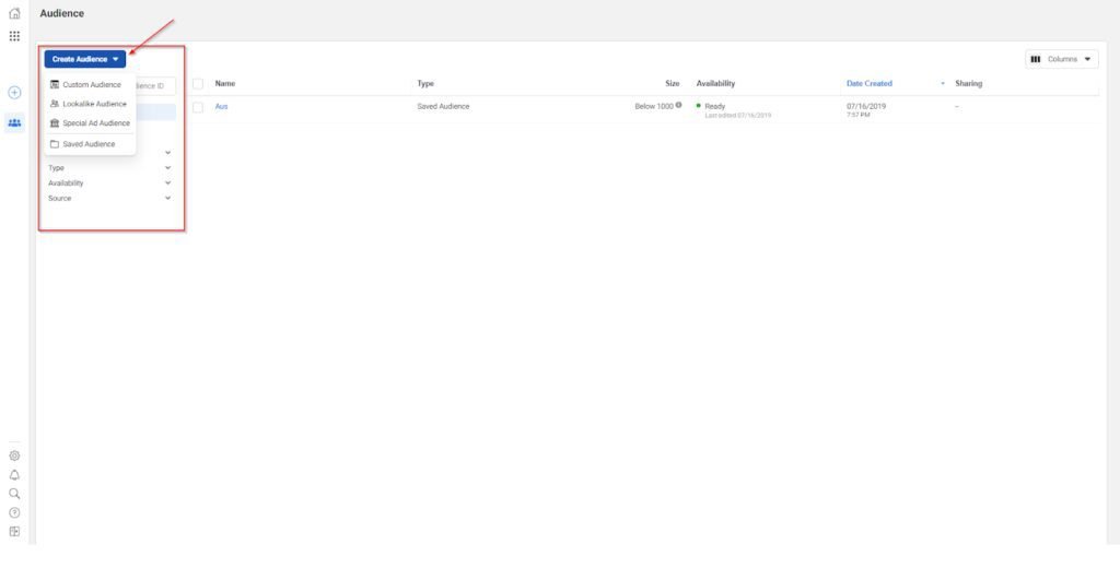 Facebook custom audience: create audience 