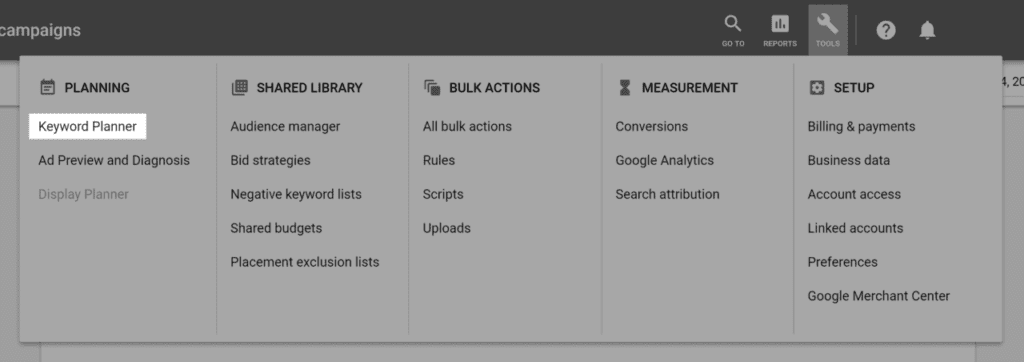 Choose "Keyword Planner" under the "Planning" section