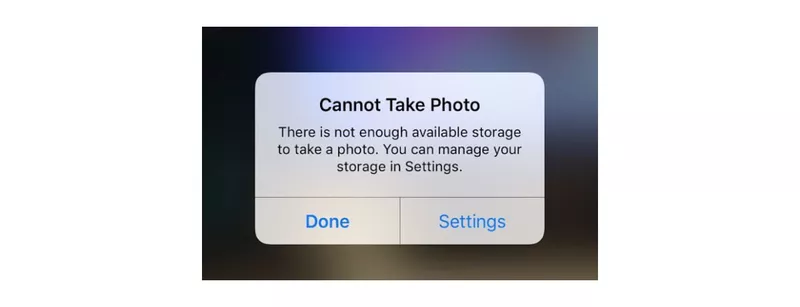 When it finally opens, you find that your storage is full, and you're prompted to delete photos before taking a new one.